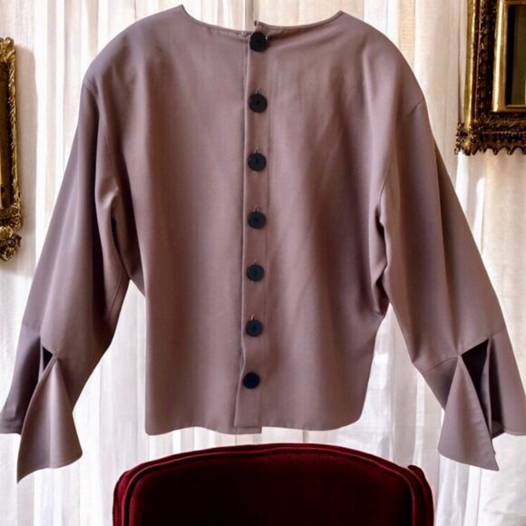 Krizia Italy Vintage Brown WOOL Lined Top Flounce Cuffs Button up Back - Picture 1 of 13